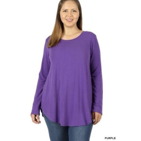 Zenana Tops - Zenana Round Neck Long Sleeve Shirt Round Hem Relaxed Fit Top Plus Size 2X